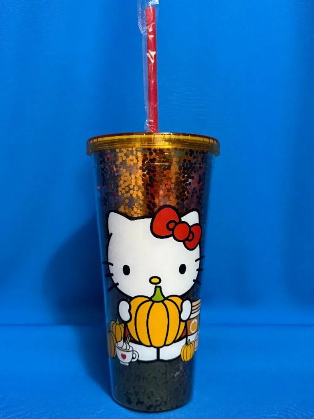 NEW HELLO KITTY PUMPKIN SPICE & PUMPKINS DOUBLE WALLED SEQUIN 32 OZ TUMBLER CUP